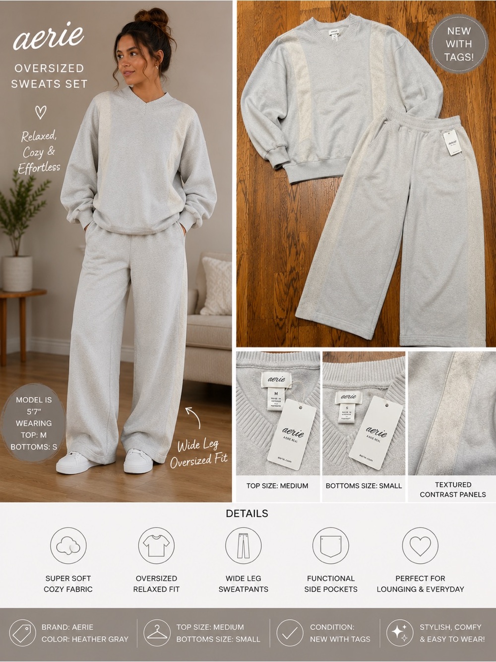 Aerie Oversized Sweats Heather Gray Lounge Set NWT Medium/Small Airport Outfit